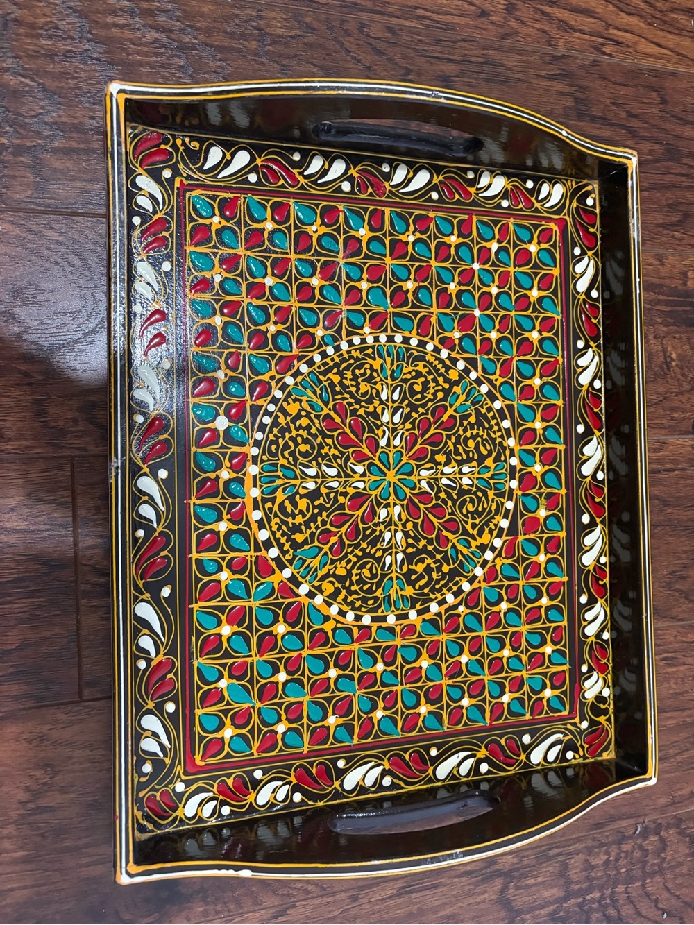 Hand-Painted Decorative Serving Tray in Black, Red & Teal